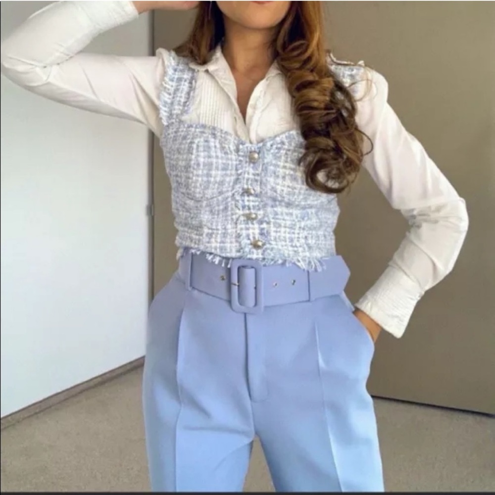 💋ZARA Dusty Blue High Waisted Belted Pants Trousers